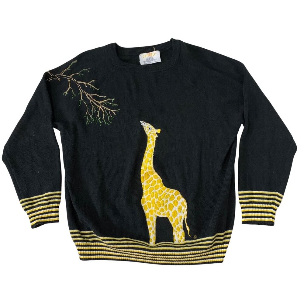 VTG 80s Cyn Les Shirlee Designs Sweater Embroidered Giraffe Womens Size 34 (L)